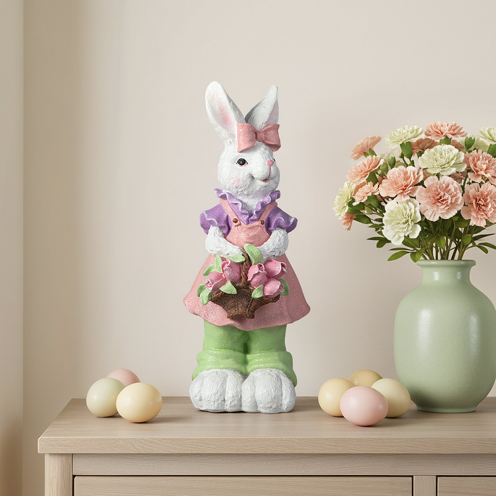 17.5"H Easter Resin Bunny Girl Table Decor With Flower Basket