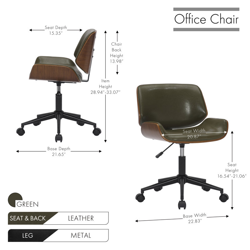 Temme Faux Leather Mid-Century Office Chair, Green Faux Leather, Black