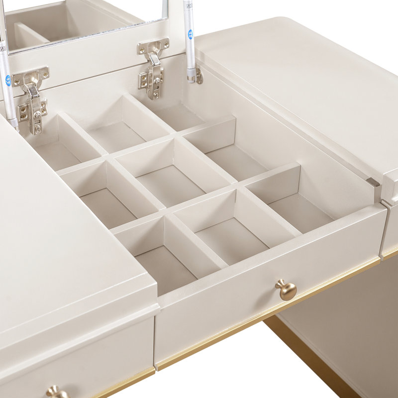 Coiffeuse classique en bois avec miroir rabattable, meuble 3 en 1 avec 2 tiroirs et espace de rangement pour chambre, couleur champagne