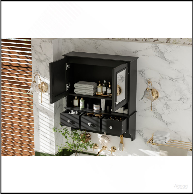 Armoire de toilette 4 en 1, armoire à pharmacie murale de 24 pouces avec tiroirs et crochets de rangement, miroirs haute définition avec rangement pour meuble-lavabo de salle de bain