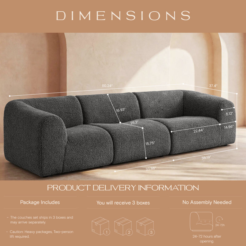 110.24" Curved 3-Seat Boneless Sectional Sofa, Modern Deep Seat Sherpa Boucle Couch, Compression, No Assembly, Teddy - Gray