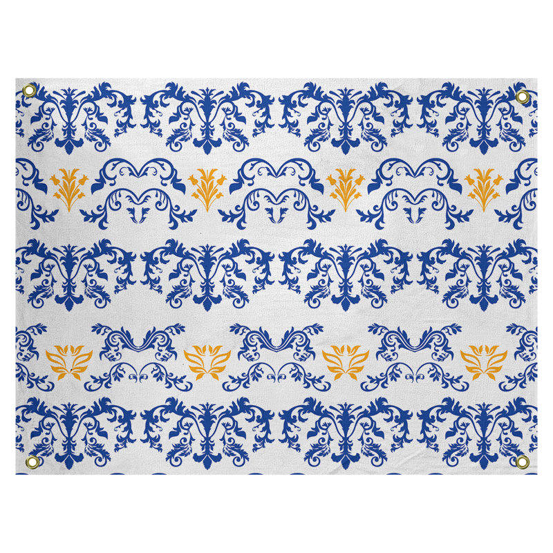 Tapisserie baroque en polyester Polyester, H 26 po x l 36 po, Blanc / bleu marine / or