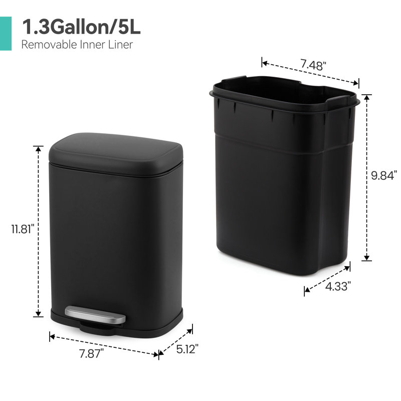 Poubelle à pédale à fermeture douce - Poubelle intérieure en acier sans marque 5L - Seau intérieur amovible, contrôle des odeurs, anti-marques, peu encombrant - idéal pour la salle de bain, la cuisine, le bureau - noir