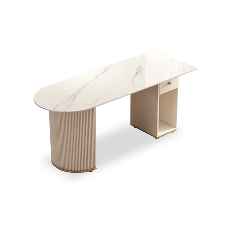 Blanc + demi-cercle en pierre frittée blanc crème + bois manufacturé avec bureau 1 tiroir, Orienté à droite