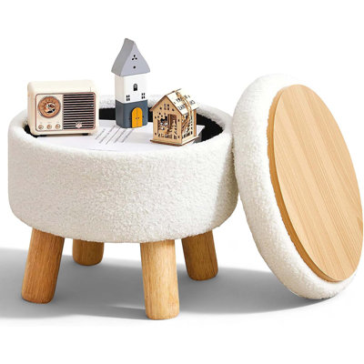 Small Round Sherpa Storage Ottoman with Legs White Foot Stool for Living Room Entryway
