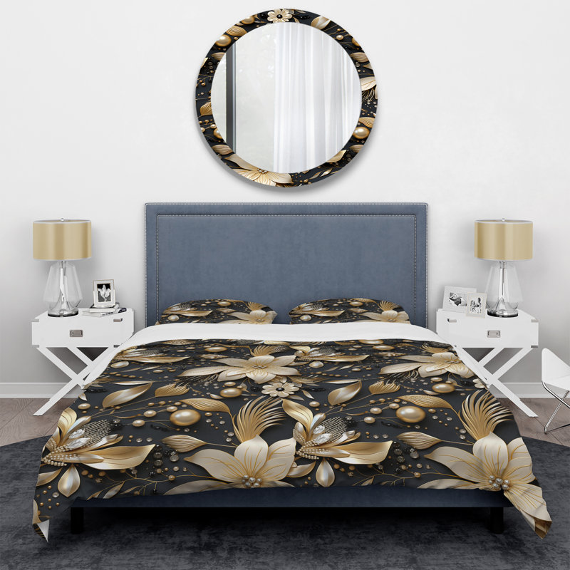 Ensemble de housse de couette Golden Beige and Black Flowers Elegance II - Glam