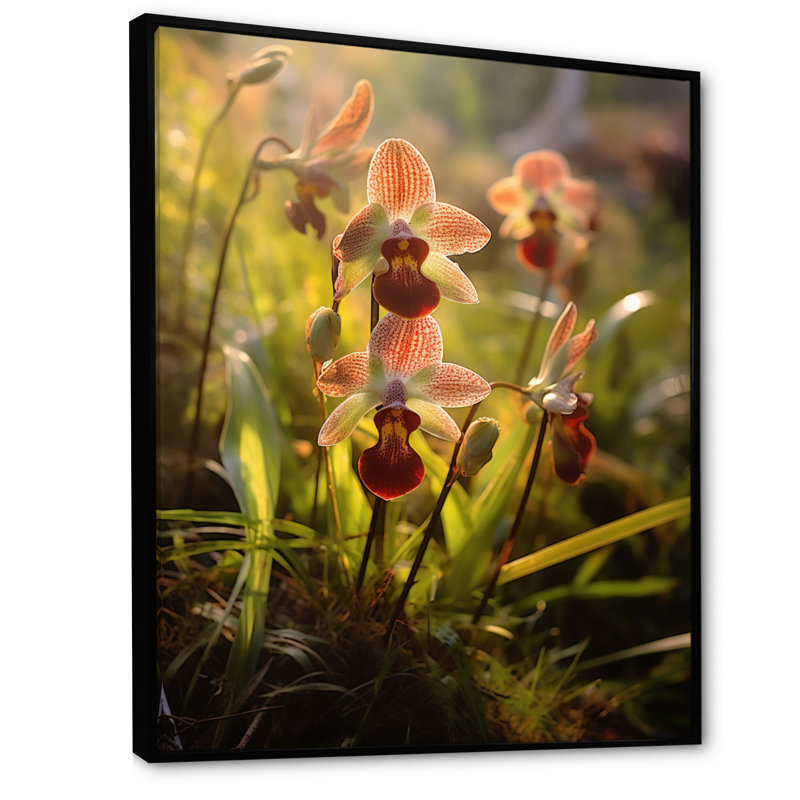 " Red Green Exotic Orchids Elegance ", 32" H x 16" W, Black Floater Framed