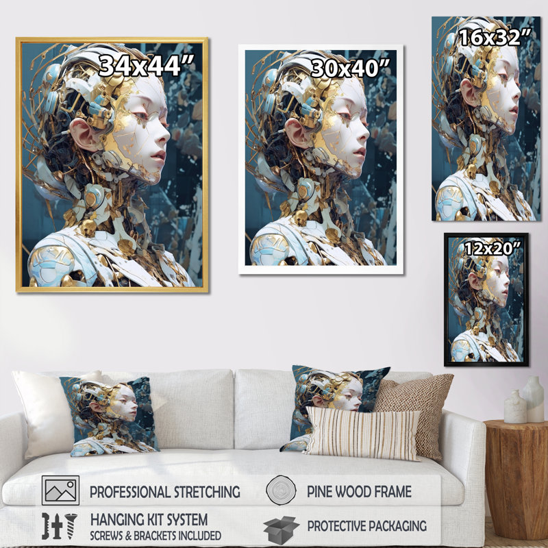 " Female Robot II ", 32" H x 16" W x 1" D, Gold Floater Framed
