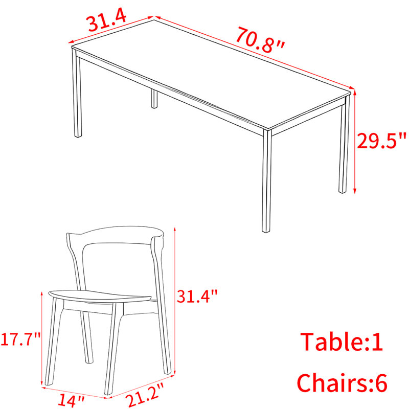 Nordic style rectangular dining table set., 29.5"H x 70.8"L x 31.4"W
