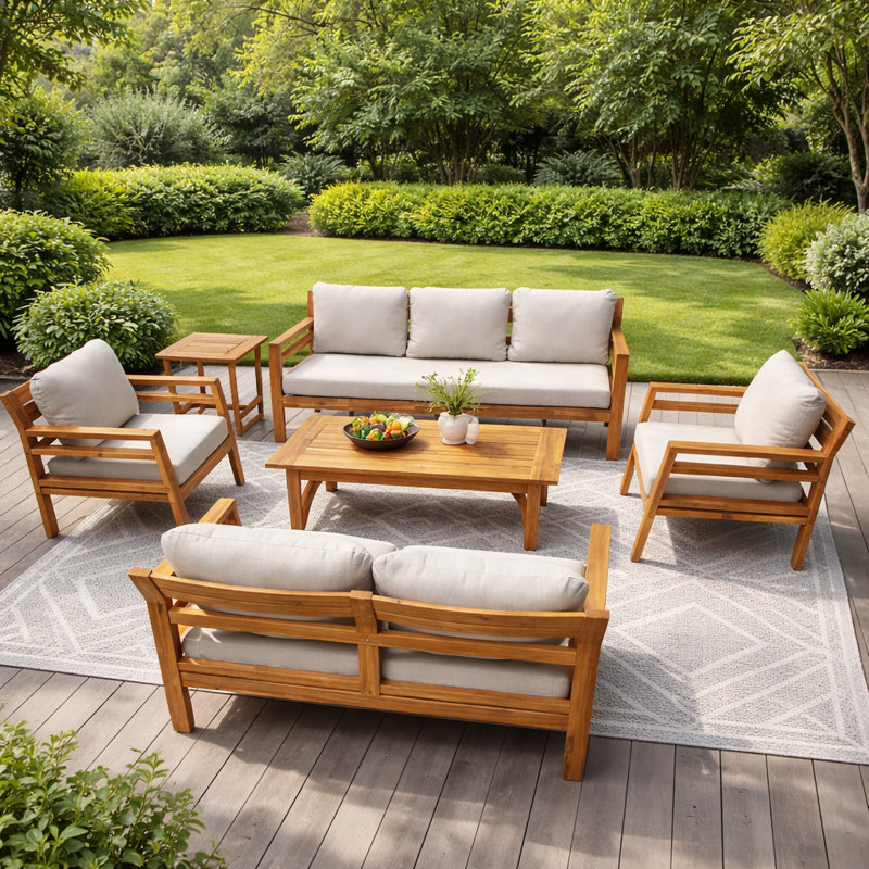 Ensemble de conversation d'extérieur en bois d'acacia avec coussins 6 pièces Dayo