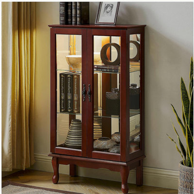 Cabinet Curio avec tablettes réglables et panneau arrière en miroir, portes en verre trempé (cerisier, 3 niveaux)