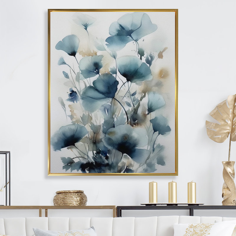 «Blue Leaf Foliage And Flowers I», reproduction sur toile, H 44 po x l 34 po x P 1,5 po, Cadre flottant doré