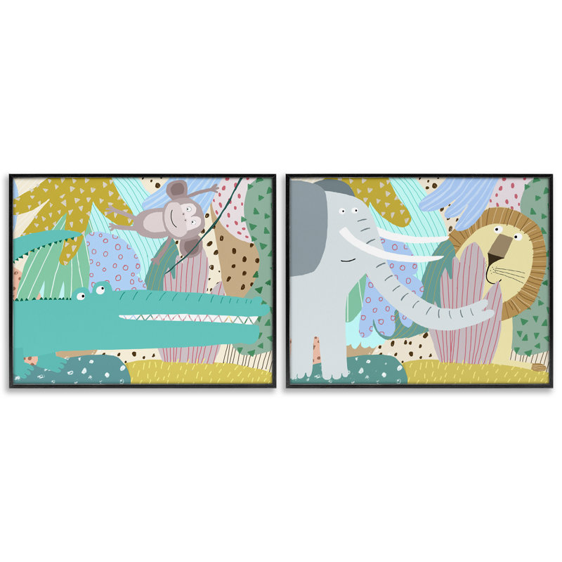 Ensemble de 2 giclées encadrées Whimsical Wild Jungle Animals, par Carla Daly, H 11 po x l 14 po, Giclée encadrée noir minuit