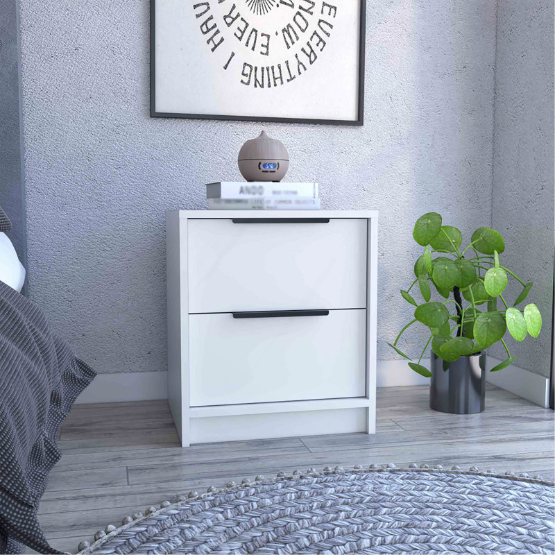 Kaia Nightstand , End Table, Side Table Two Drawers, Metal Handle -White, White