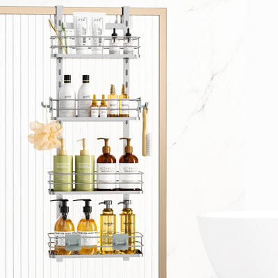 Support de rangement pour garde-manger au-dessus de la porte avec des crochets fiables, support de rangement pour panier de douche robuste, tablettes de salle de bain extra larges, argent