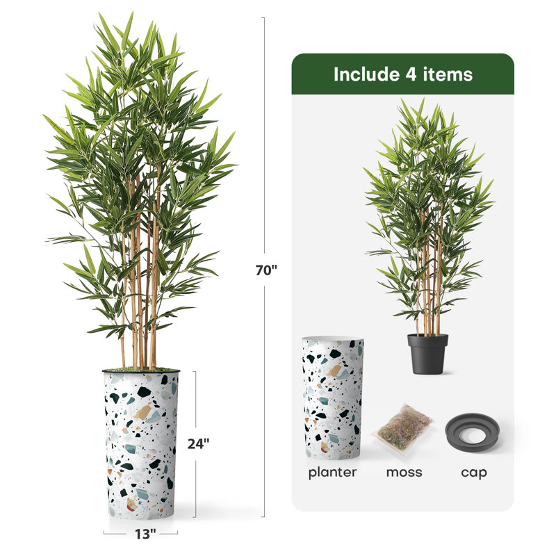 Artificial Tree in Contemporary Planter Fake Bamboo Silk Tree (Plant Pot Plus Tree), Color Block Teal