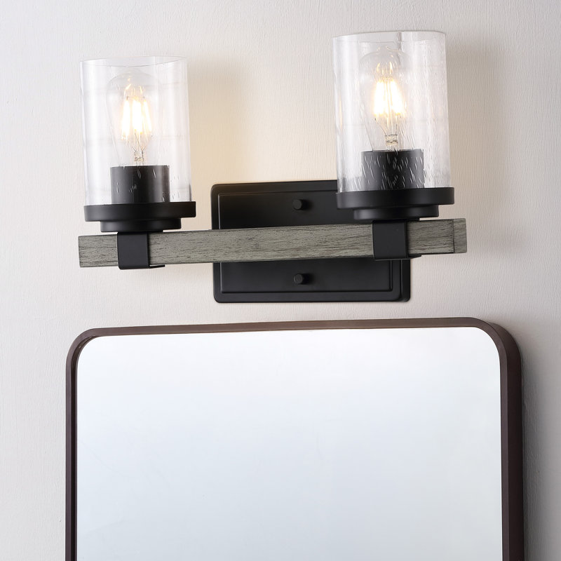 Borth Iron/Seeded Glass Rustic Farmhouse LED Vanity Light, 2 Lights, Matte Black/Gray Oak