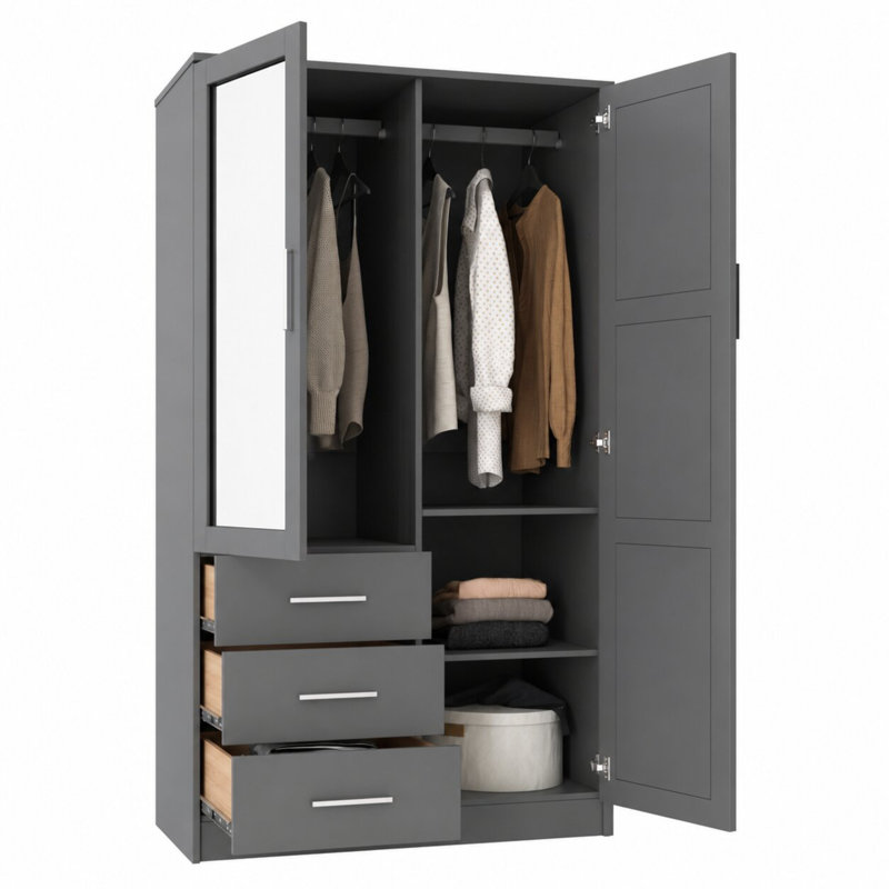 Placard à 2 portes 100% bois massif Metro avec porte miroir, tiroirs et tablettes réglables, Gris