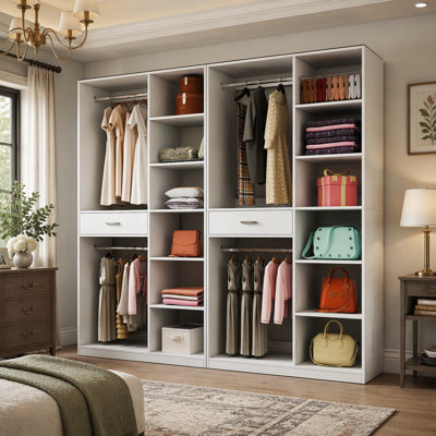 Système de placard autoportant, garde-robe autonome avec 6 tablettes ouvertes, hauteur de 74,8 po avec 1 tiroir en bois, penderie en bois avec 2 tringles de suspension, blanc