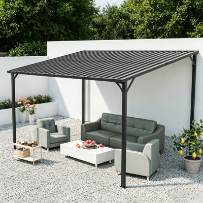 Outdoor Pergola, 12' X 8' Outdoor Pergola For Patio, Large 8X12 Galvanized Steel Lean To Wall-Mounted Pergolas For Outdoor Barbecues And Family Gatherings