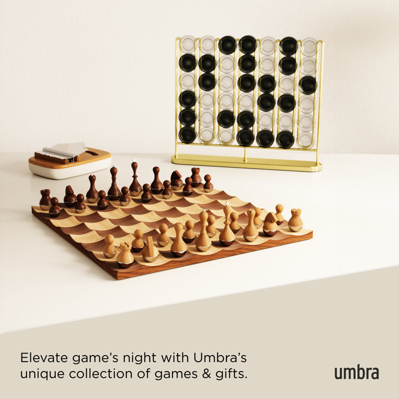 Modern Walnut and Maple Wobble Chess Set with Chrome Accents