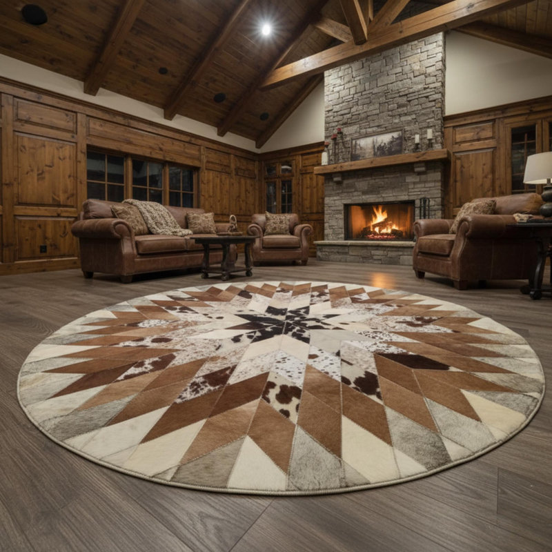 Tapis rond en peau de vache, tapis à motif d'étoile, tapis à motif géométrique, Rond 8 pi