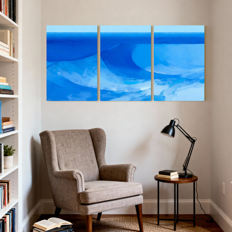 Ensemble de 3 tableaux abstraits sur toile tendue représentant des vagues bleues de l'océan, H 36 po x l 72 po