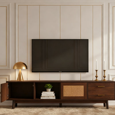 Mid Century Modern TV Stand  with Sliding Doors and Drawers for 80" TVs