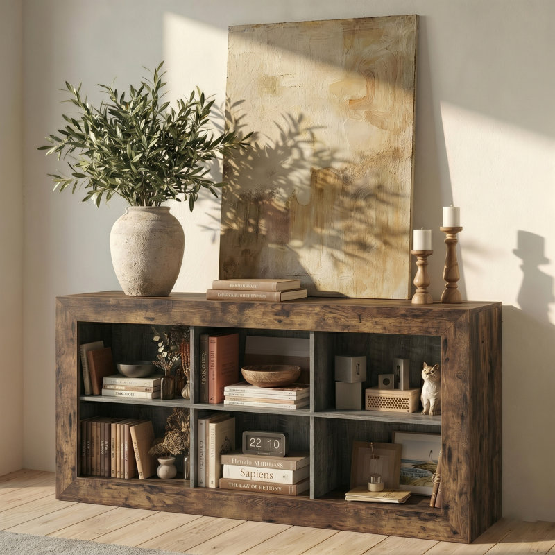 63" Rustic Farmhouse Wooden Console Table With 6 Open Storage Cubbies