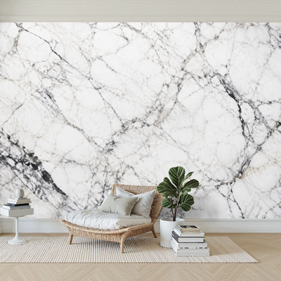 Wall Mural Peel and Stick Wallpaper White Gray Marble Effect Natural Veins Elegant Stone Design Self-Adhesive Removable Contact Paper Wall Decor for Living Room Bedroom 100"H x 144"W