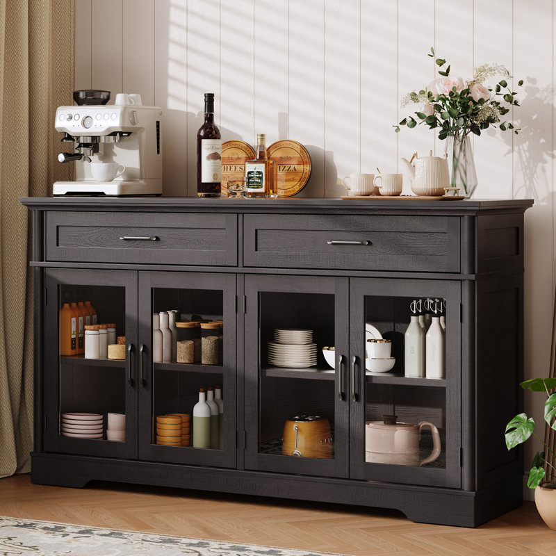 60" Buffet Sideboard Cabinet With 4 Glass Doors and 2 Drawers, Black