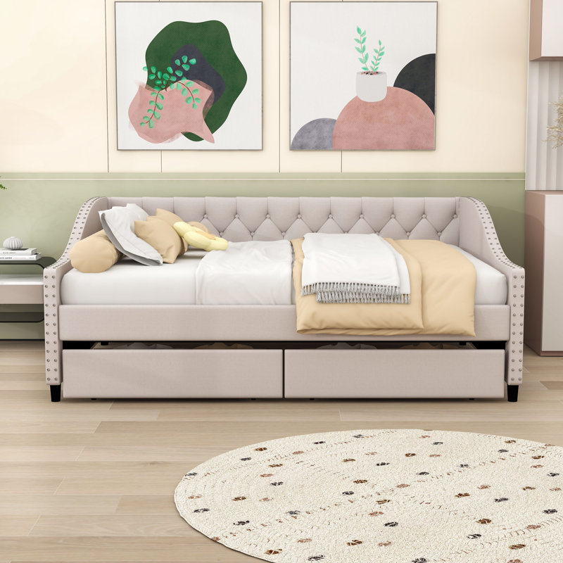 2 Drawers Upholstered Full Daybed with Sturdy Slats Support, Beige