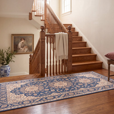Tapis persan traditionnel audacieux en acacia, bleu marine, ivoire, or, vert et rose, lavable à la machine, antidérapant, à poils courts, adapté à l'intérieur et à l'extérieur, pour salon, chambre, salle à manger, entrée, couloir, bureau.
