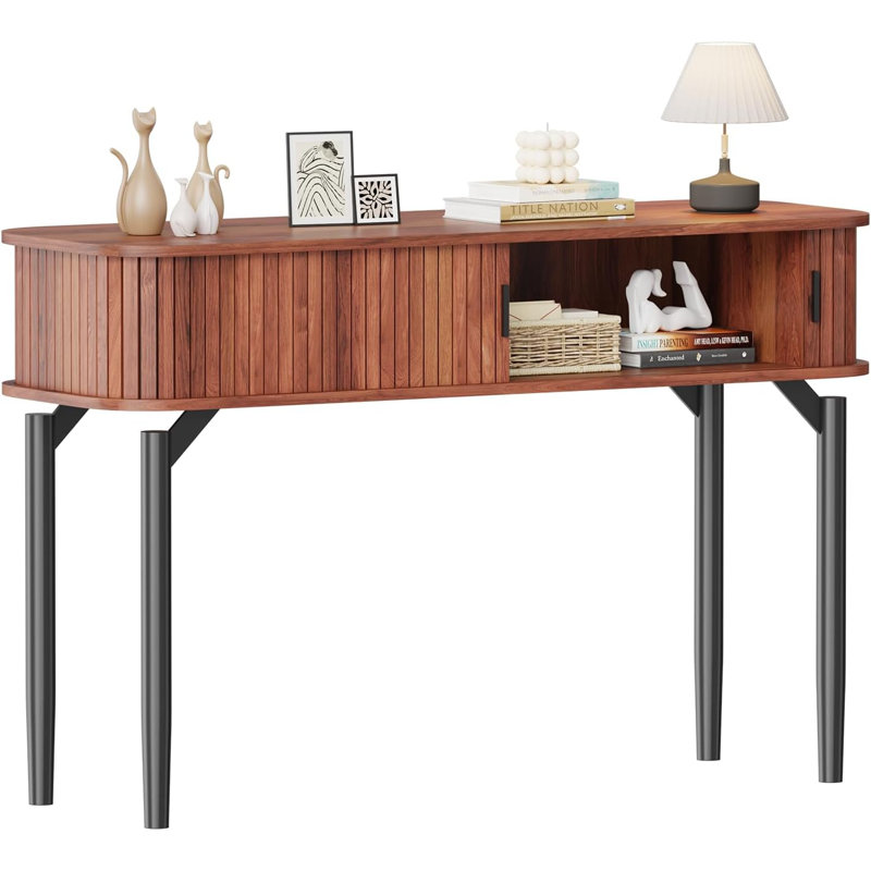 Fluted Console Table with Storage,Wood Sofa Table with Sliding Door,Entryway Table with Storage Space for Living Room