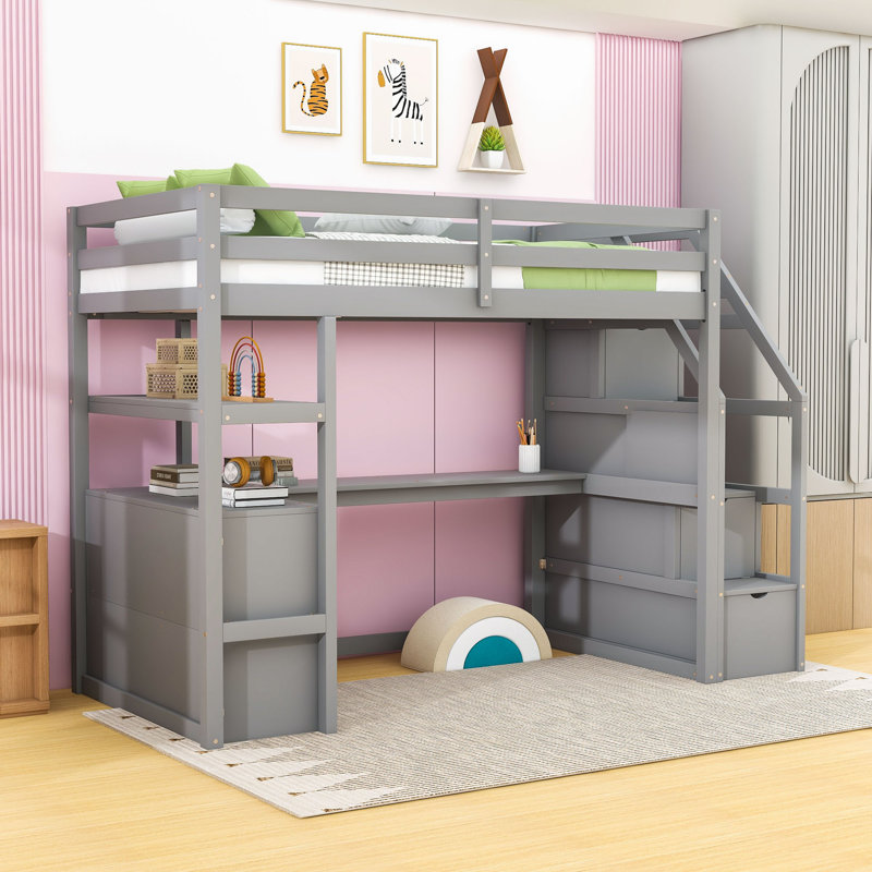 Lit mezzanine 2 tiroirs avec bureau, tablettes, escalier de rangement et garde-corps, Simple, Grey