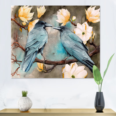 Deux corbeaux sur les branches de magnolia avec fleurs - reproduction sur toile
