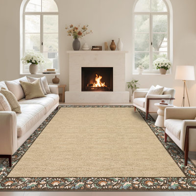 Traditional Bordered Area Rug with Non Slip Backing