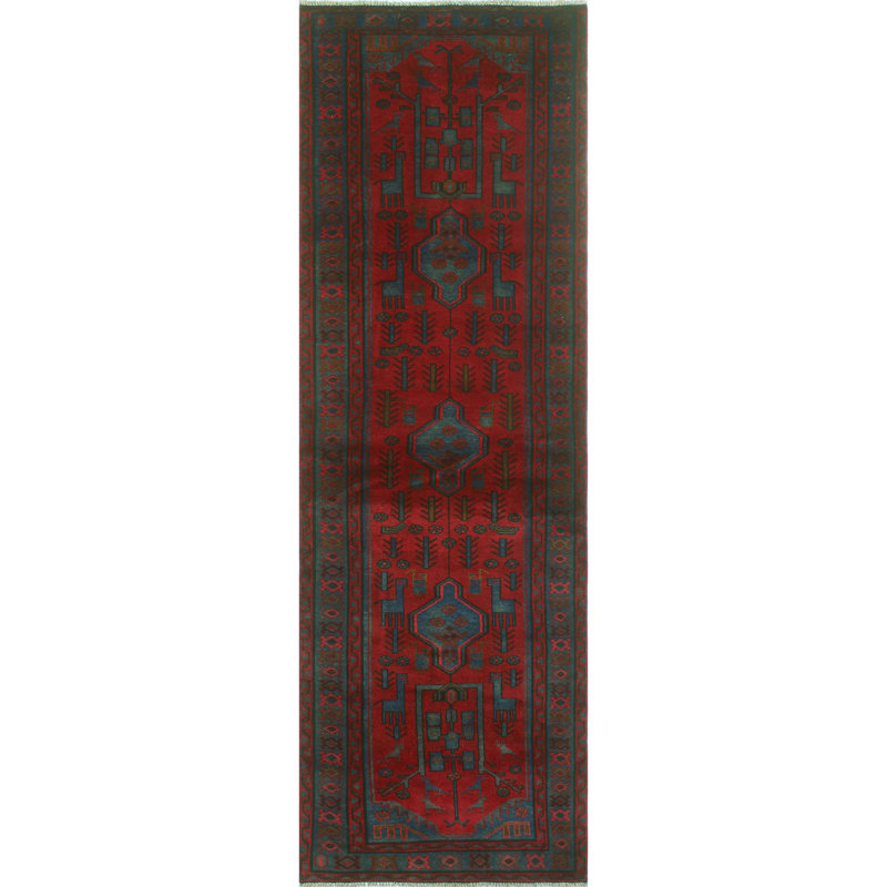 One-of-a-Kind 3'2" x 10'1" 1980s Runner Wool Area Rug in Blue and Red