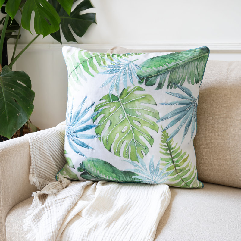 Housse de coussin carrée en mélange de polyester à paillettes florales, polyester, Feuilles vertes