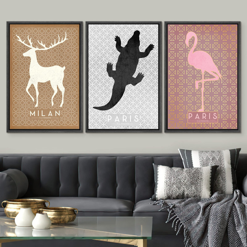 Animals " Milan Alligator Flamingo Pattern Animals Illustration Modern Art Rustic Group Whimsical Ultra " 3 - Pieces, Noir