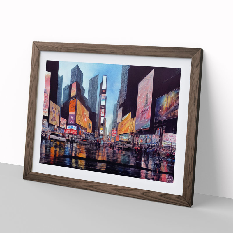 Times Square New York Watercolour Vol.1 - Framed Print, 46cm H x 64cm W x 2cm D, Walnut Framed
