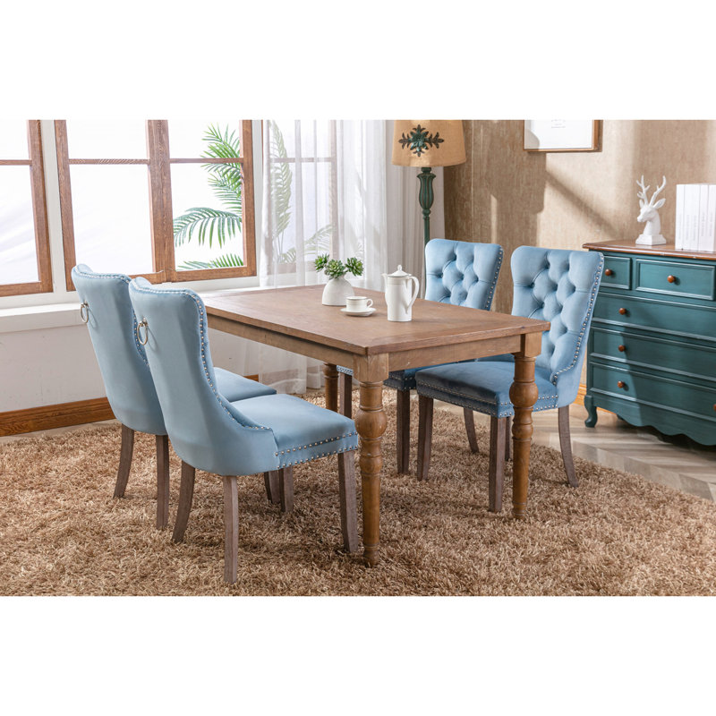 Chaise haute de salle à manger avec coussin en mousse et ressorts en acier, bleu, pieds réglables en velours bleu Sw2001lb