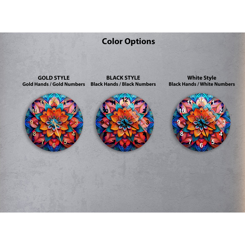 Horloge murale vibrante en verre trempé, Doré, Floral Mandala