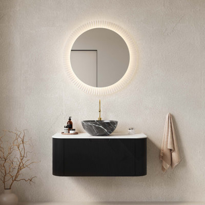 Meuble-lavabo de salle de bain, lavabo de salle de bain flottant à bords arrondis avec vasque en céramique avec motif en pierre et plateau en pierre frittée, pré-assemblé