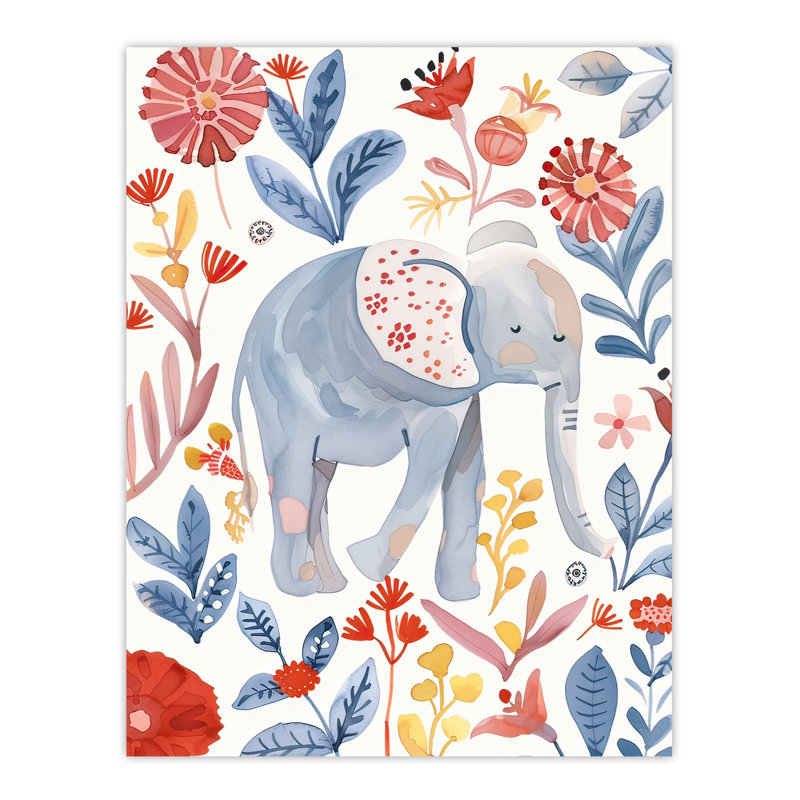 Cute Baby Elephant Floral Watercolour Wall Art Print