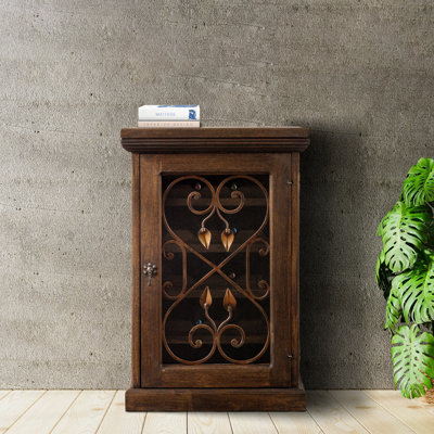 Rustic Wood Wine Floor Forged Iron Details & Glass Door Bar Cabinet