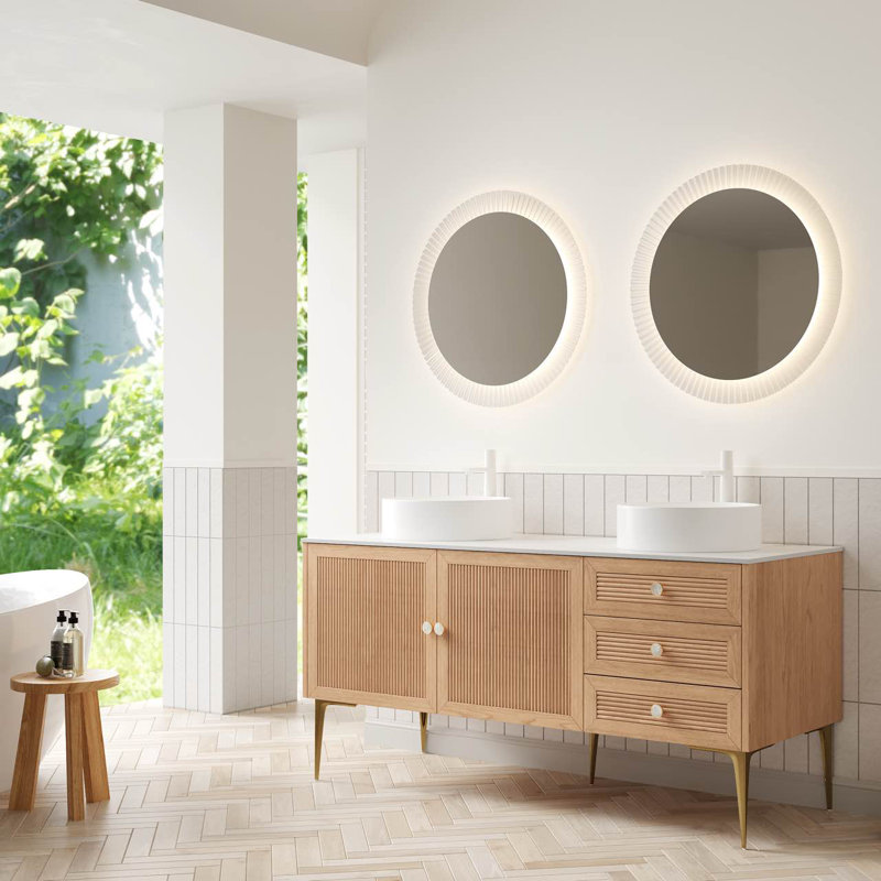 Polad 60'' Striped Solid Wood Double Bathroom Vanity with Slate Top