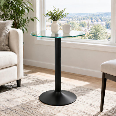 Table d'appoint ronde moderne avec plateau en verre trempé transparent et pied en métal noir, comprenant une base circulaire lestée de 40 cm (15,74 pouces), un diamètre de plateau de 60 cm (23,62 pouces), une hauteur de 73 cm (28,74 pouces), des bords polis et un support stable au sol.
