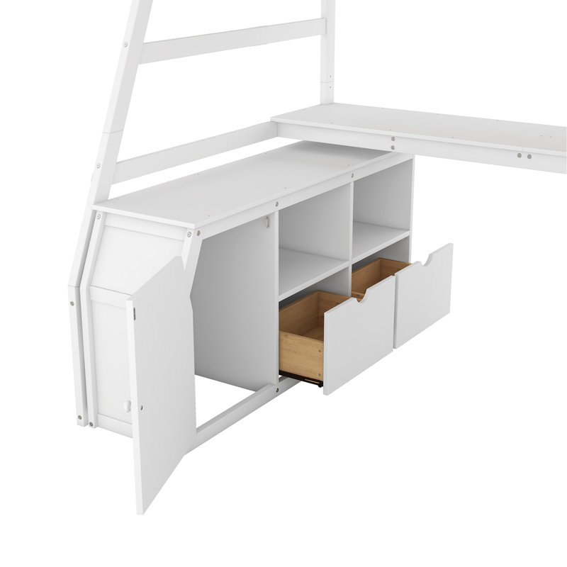 Lit mezzanine avec 7 tiroirs, 2 tablettes et un bureau, Lit simple, Blanc