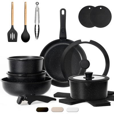 20 Pcs Pots And Pans Set Non Stick, Detachable Handle Cookware Sets Nonstick, Non Toxic Induction RV Kitchen Cooking Set With Removable Handles, Dishwasher/Oven Safe, Easy Clean (Black)